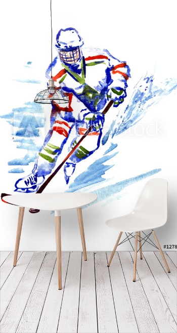 Picture of Hockey player with stick and puck isolated hand painted watercolor illustration 